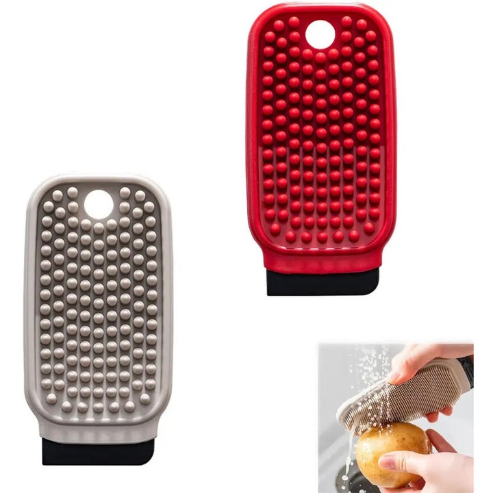 Perie pentru legume si fructe K0441-0810-QH1019, set 2 bucati, silicon dublu-fata cu peri moi si racleta, rosu/gri