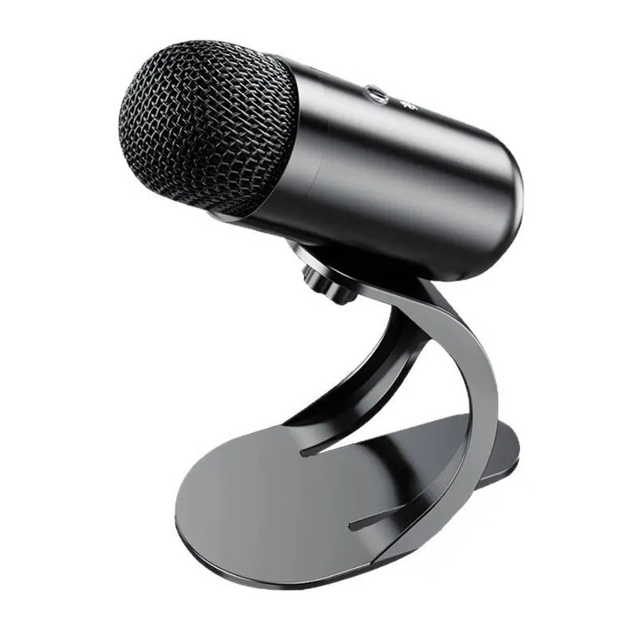 Microfon USB K0441-0810-QH1032, condenser omnidirectional, plug-and-play, buton mute, placa de sunet incorporata, negru