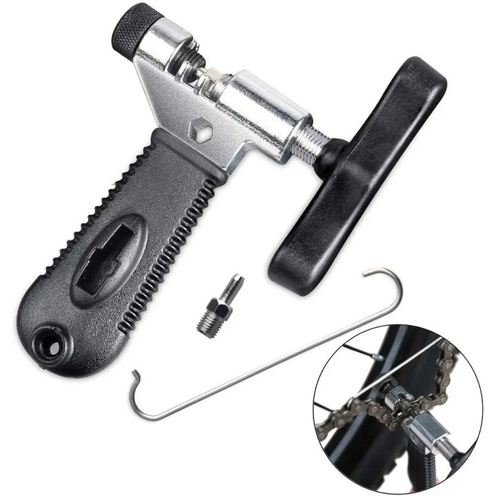 Demontor lant bicicleta K0441-0812-QH6974, universal pentru lanturi 7/8/9/10 viteze, pin de rezerva din otel inoxidabil, corp din otel carbon, maner din plastic, negru/argintiu