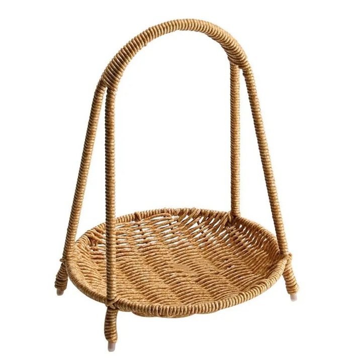 Cos fructe din ratan sintetic K0441-0813-QH7001, tesut manual, rotund cu maner arc si picioare, natural
