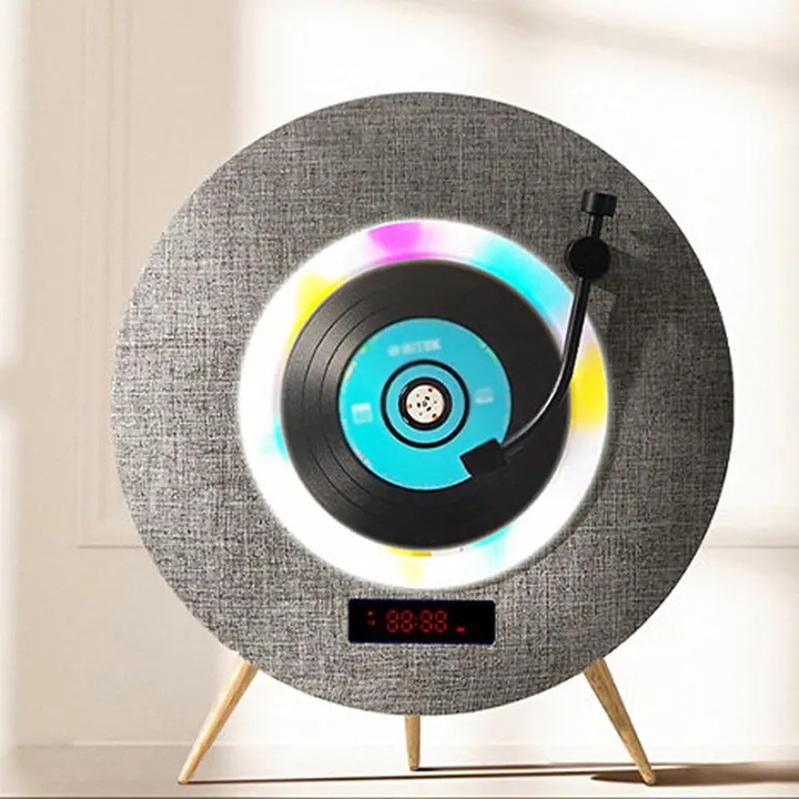 CD player K0441-0811-QH6916, boxe dual-chamber integrate, citire contactless, telecomanda, efecte LED multicolor, design cu disc rotativ tip vinyl, gri, 26 cm x 29.5 cm