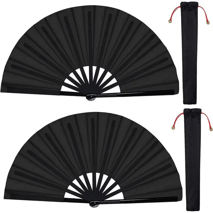 Evantai pliabil kung fu Tai Chi, rama din plastic, material nylon, set 2 buc., negru, 64.5 x 34 cm, cu 2 huse
