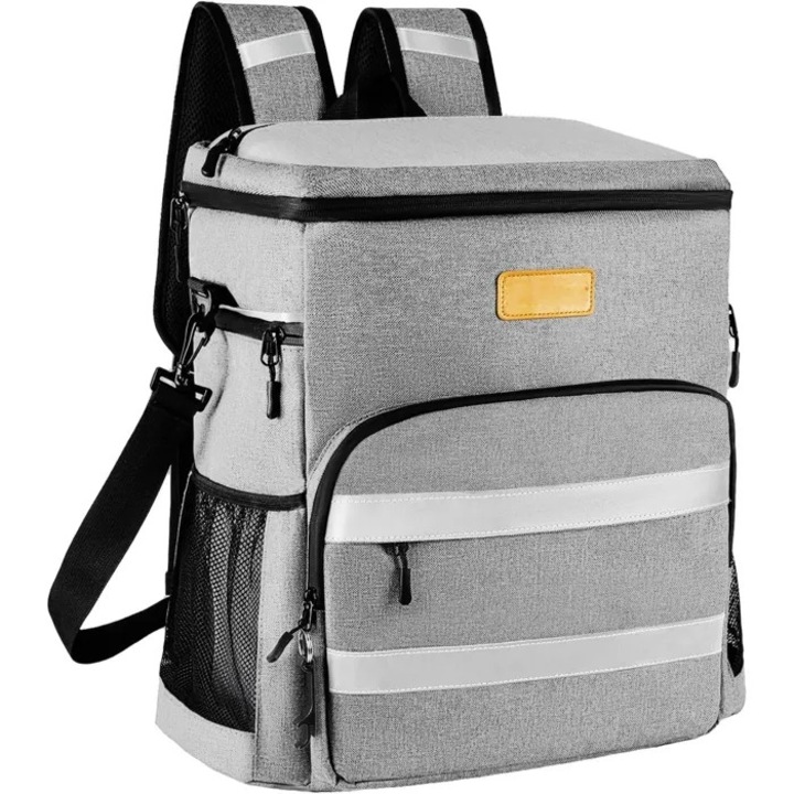 Rucsac termoizolant din Oxford impermeabil, pliabil, capacitate 15 L, gri deschis, 31 x 19 x 23 cm