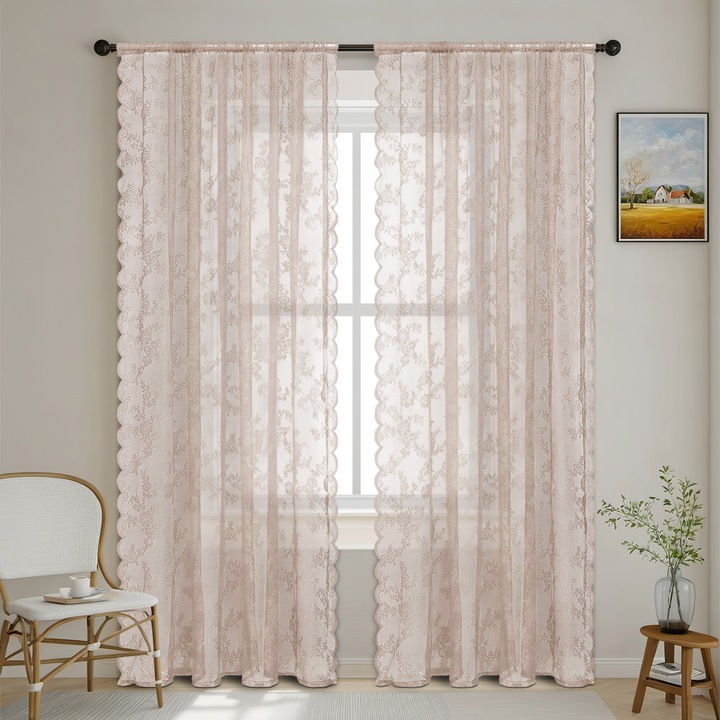Perdea voal doua piese din poliester, model floral cu margine ondulata, roz deschis, 100 x 250 cm