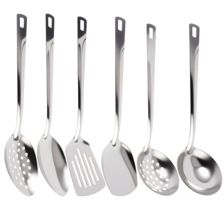 Set 6 ustensile de bucatarie K0441-0713-QH204, inox, manere cu orificiu pentru agatat, include paleta pentru prajit, spatula plata, lingura perforata, lingura solida, polonic