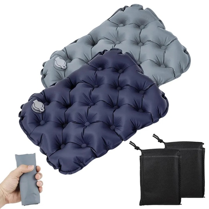 Set 2 perne scaun gonflabile K0441-0714-QH257, 40D nylon cu strat TPU, impermeabile si rezistente la rupere, ultra-usoare, umflare rapida, 30 × 40 cm, bleumarin/gri
