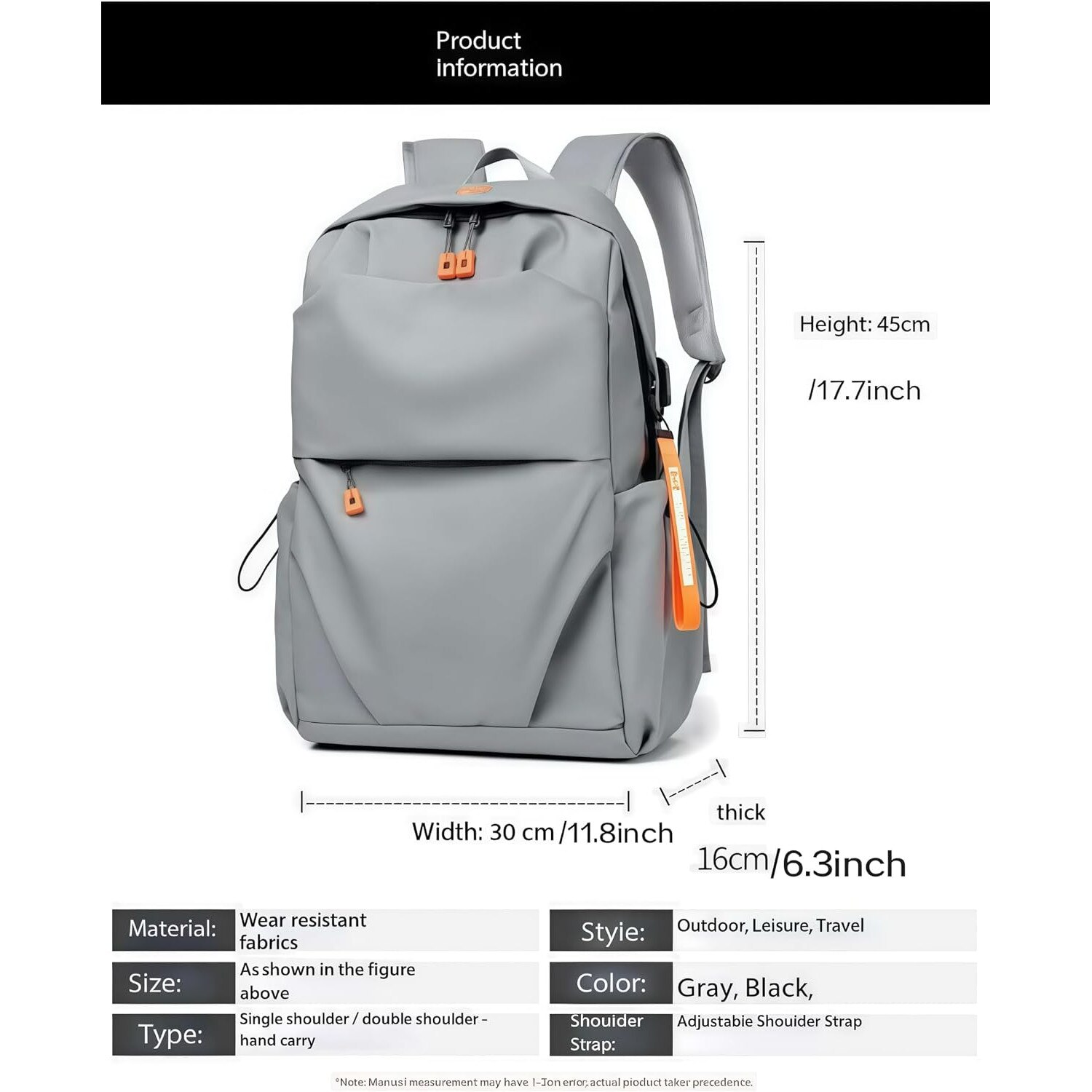 Rucsac laptop din Oxford rezistent la apa, compartiment captusit pentru 14-inch, port USB pentru incarcare si mufa casti, buzunare multiple, model K0441-0729-QH709, gri