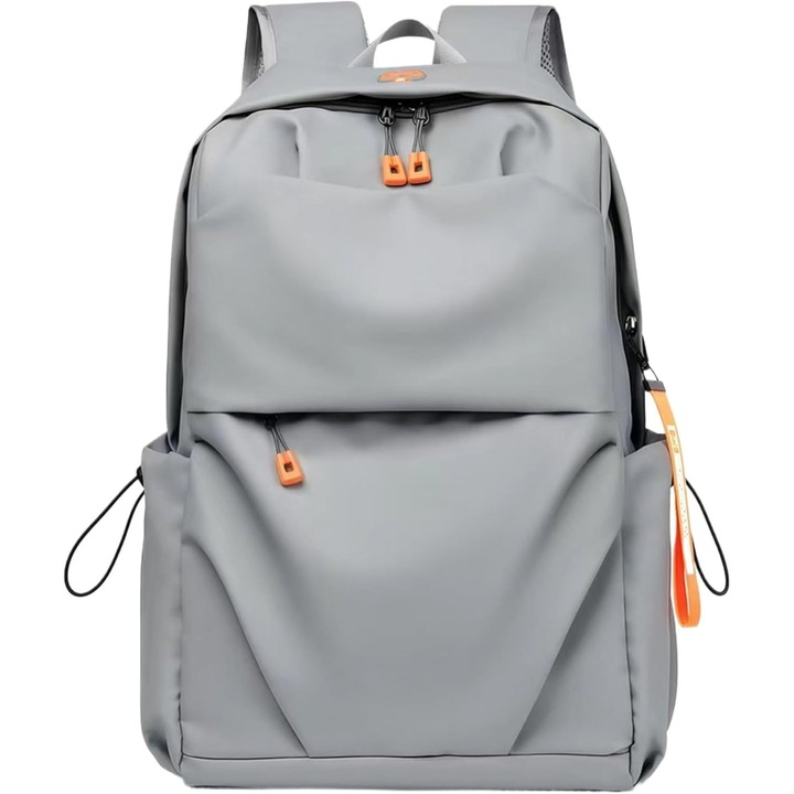 Rucsac laptop din Oxford rezistent la apa, compartiment captusit pentru 14-inch, port USB pentru incarcare si mufa casti, buzunare multiple, model K0441-0729-QH709, gri