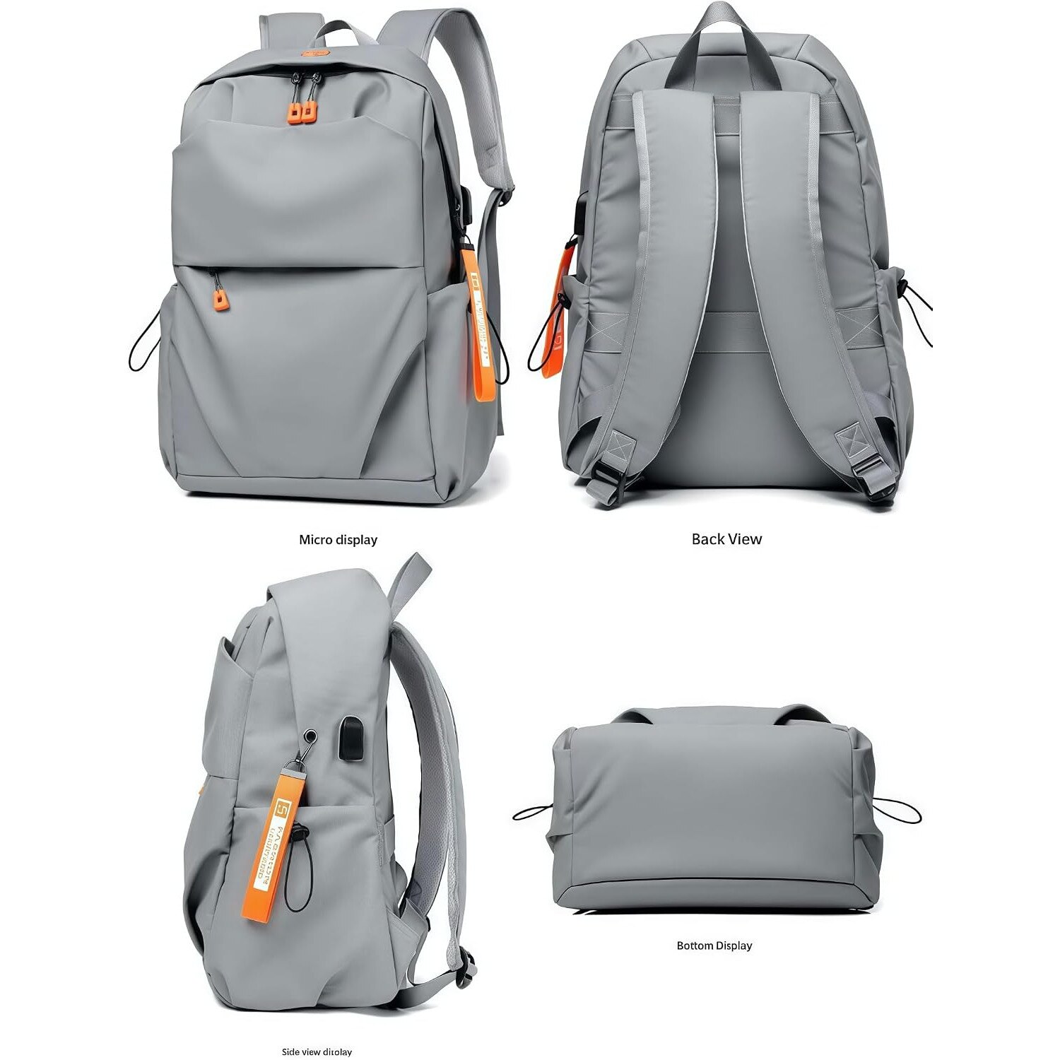 Rucsac laptop din Oxford rezistent la apa, compartiment captusit pentru 14-inch, port USB pentru incarcare si mufa casti, buzunare multiple, model K0441-0729-QH709, gri