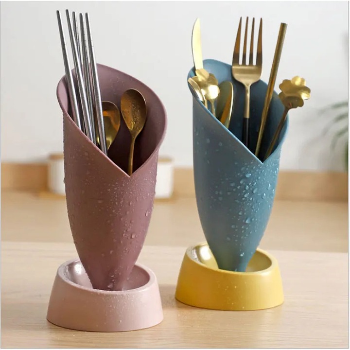 Suport pentru tacamuri K0441-0804-QH849, din ABS detasabil cu baza colectoare de apa, 2 piese (cupa + baza), multicolor