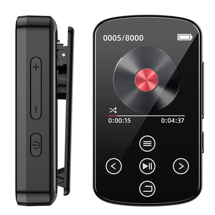 Mini MP3 player K0441-0804-QH861, Bluetooth 5.2, ecran 1.5" 128x160, memorie interna 32GB + slot microSD pana la 128GB, jack 3.5mm, USB-C, inregistrare WAV, FM, suport FLAC/APE, acumulator 250mAh ~6h, negru