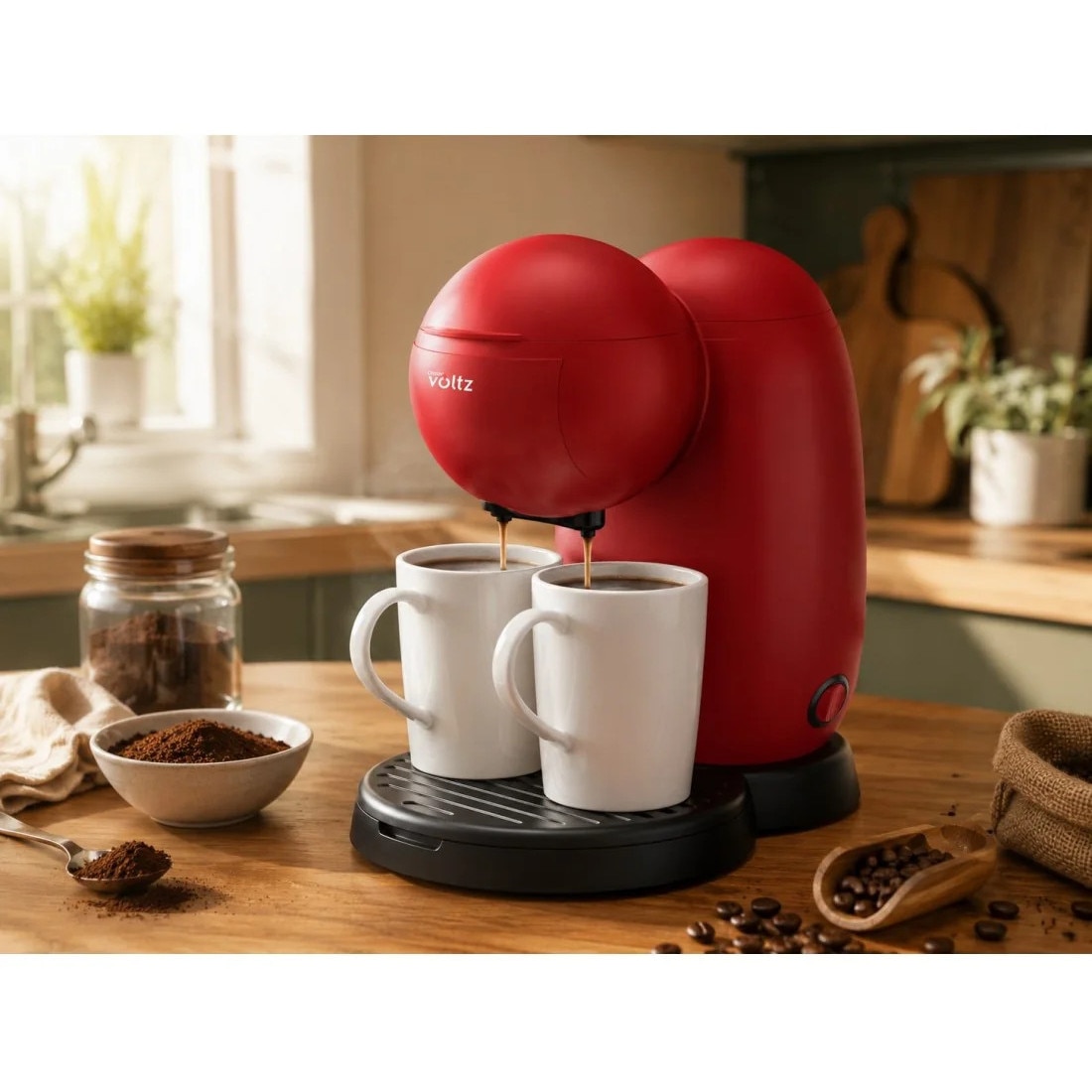 Cafetiera electrica Oliver Voltz, 300 ml, 2 cesti ceramice incluse, 450W, rosie