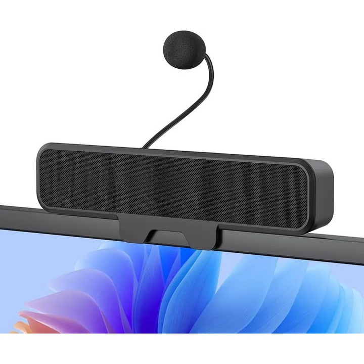 Boxa USB K0441-0810-QH1006 cu microfon detasabil unidirectional, clip pentru monitor ≤2.5 cm, stereo cu radiator pasiv, plug-and-play, negru