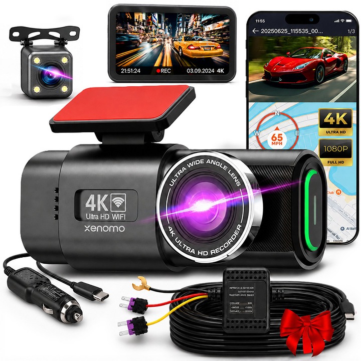 Camera Auto DVR Xenomo® ROAD-X, Camera de bord ultracompacta, FULL HD 4K, 2160P, Inregistrare in bucla, Vedere nocturna, G-Sensor, KIT Monitorizare 24h, Unghi filmare 170°, Camera video marsarier inclusa in pachet