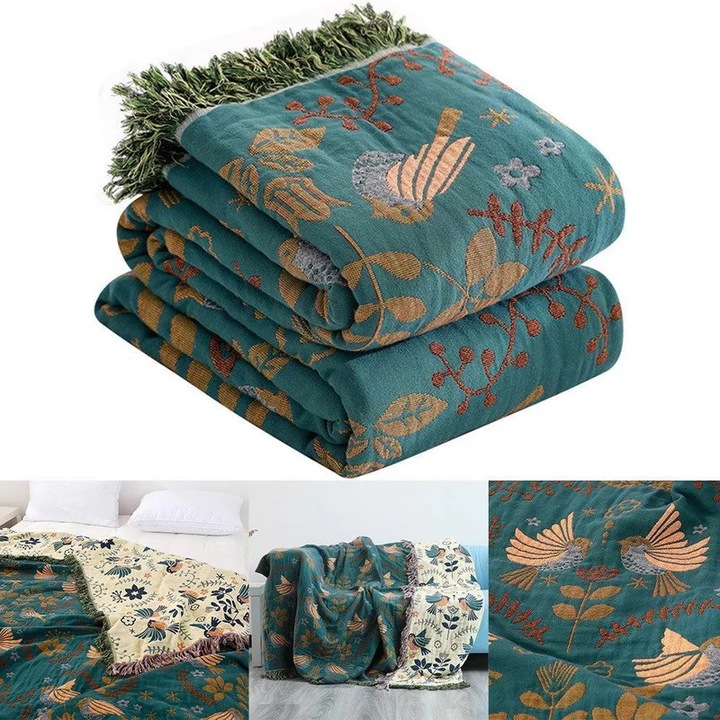 Patura tesuta K0441-0814-QH4, bumbac, reversibila cu ciucuri, model floral cu pasari, verde/crem, 150 x 200 cm