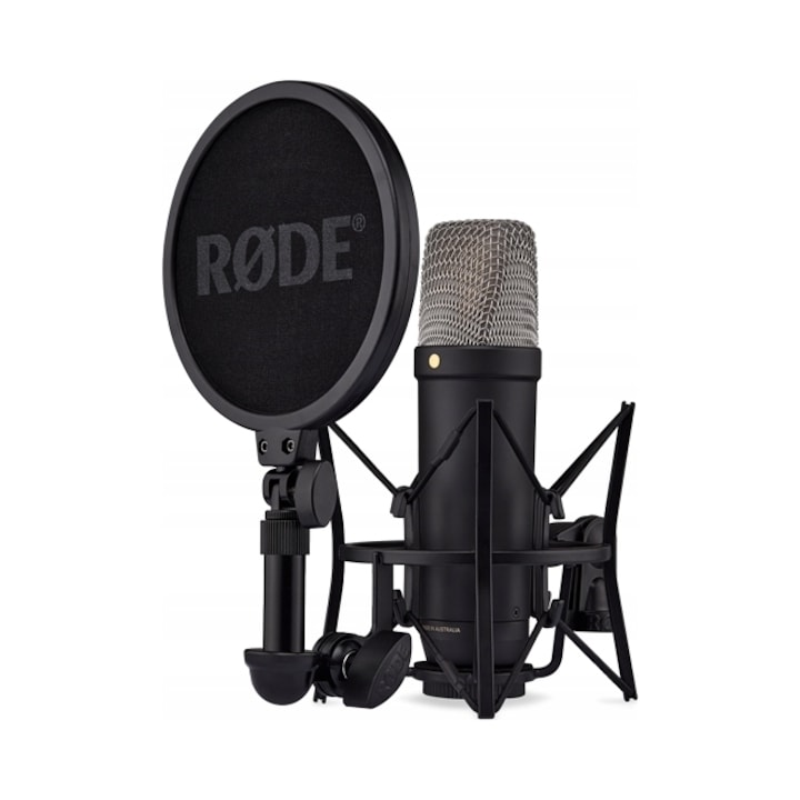 Студиен кондензаторен микрофон Rode NT1 5th Gen (T5VGJ1K19L9), голяма 1" HF6 мембрана, кардиоиден, Dual Connect XLR/USB, променлив 32-битов цифров изход, конверсия до 192 kHz, DSP APHEX, с шок маунт, поп-филтър и кабели, черен