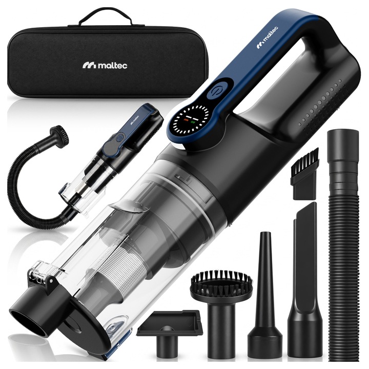 Безжична ръчна прахосмукачка MalTec CYCLONE-150, 150 W, 18.000 Pa, батерия 7.500 mAh (11,1 V), HEPA филтър, функция за издухване, резервоар 0,55 л, USB-C зареждане, черно/синьо, комплект аксесоари