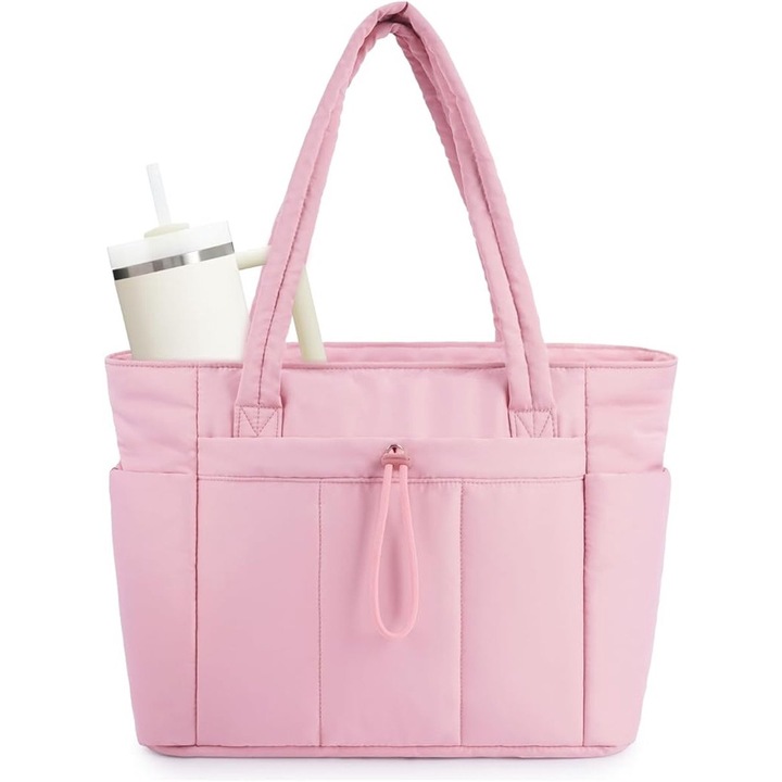 Geanta tote matlasata din poliester, compartiment pentru laptop 15,6 inch, buzunar elastic pentru termos 40oz, curea de prindere pentru troler, roz, 31 × 40 × 16 cm