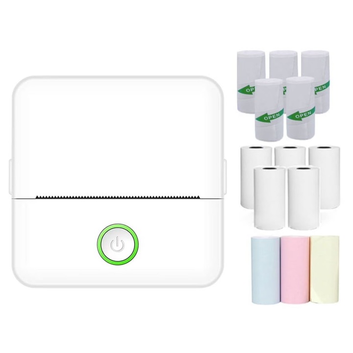 Mini nyomtató, Bluetooth-os termikus, 13 papírtekercs, kompakt, hordozható, fehér