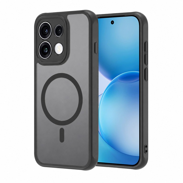 Husa pentru Oppo Reno 16 Pro 5G cu protectie pentru lentile si MagFit EasyCharge, Ghost Series Anti-ingalbenire, frosted - negru