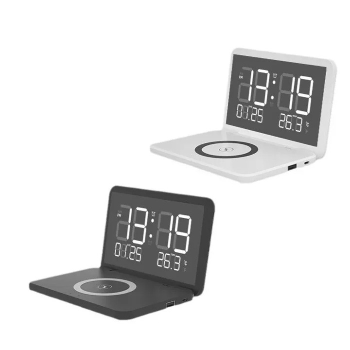 Carmdering EMAG-FP20260819-2227 vezeték nélküli digitális ébresztőóra, összecsukható, 15W vezeték nélküli töltéssel, LED tükör kijelzővel, öröknaptárral, hőmérővel, ébresztővel, fehér