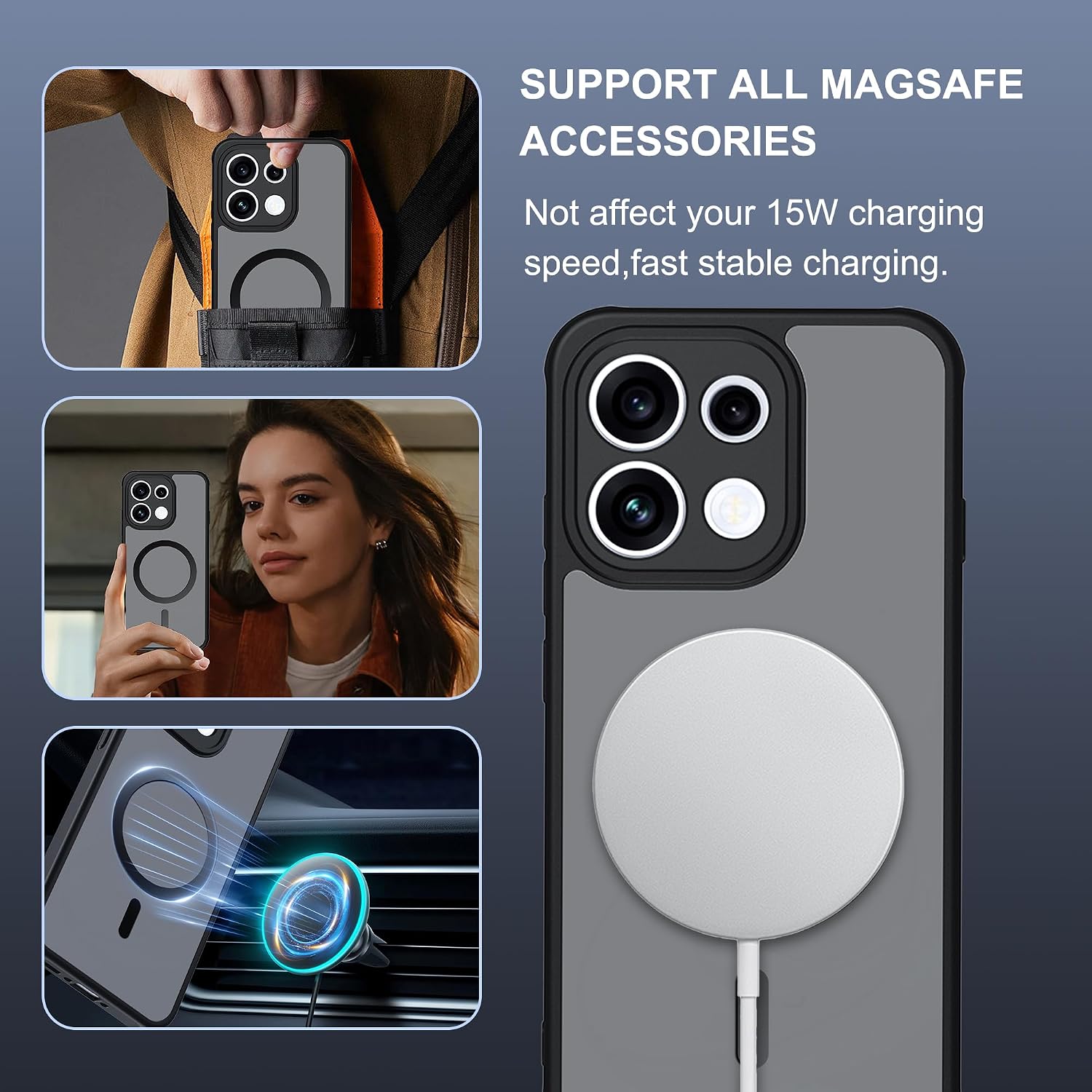 Husa pentru Oppo Reno 16 Pro 5G cu protectie pentru lentile si MagFit EasyCharge, Ghost Series Anti-ingalbenire, frosted - negru