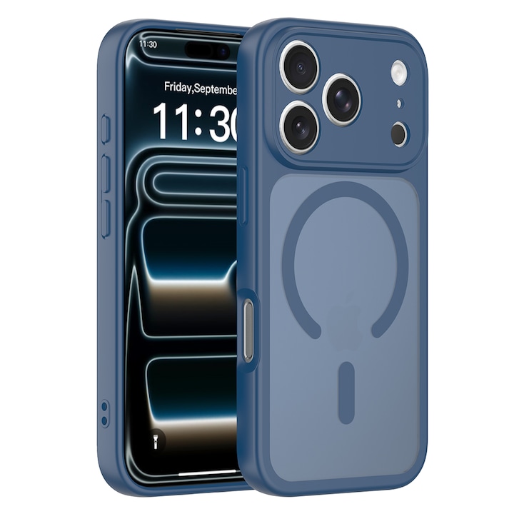 Husa de protectie compatibila cu iPhone 18 Pro Max, Omelivon, MagSafe, Protectie completa, Anti zgarieturi, Decupaje Precise, Incarcare Wireless, Design translucid, din Material PC+TPU, Albastru inchis