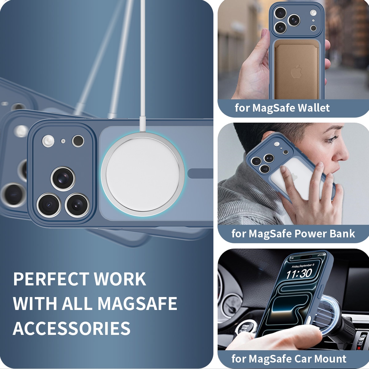 Husa de protectie compatibila cu iPhone 18 Pro Max, Omelivon, MagSafe, Protectie completa, Anti zgarieturi, Decupaje Precise, Incarcare Wireless, Design translucid, din Material PC+TPU, Albastru inchis