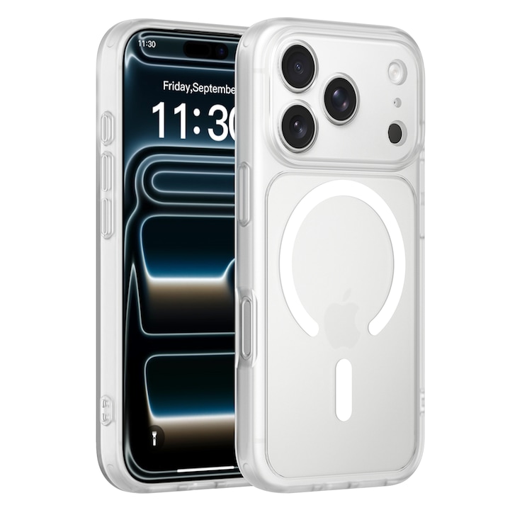 Husa de protectie compatibila cu iPhone 18 Pro, Omelivon, MagSafe, Protectie completa, Anti zgarieturi, Decupaje Precise, Incarcare Wireless, Design translucid, din Material PC+TPU, Alb Transparent