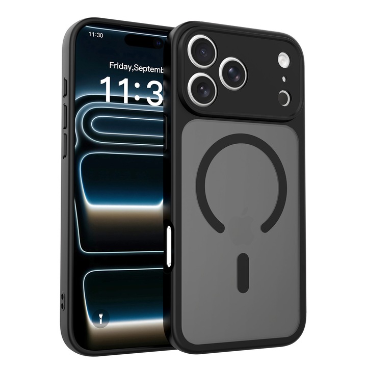 Husa de protectie compatibila cu iPhone 18 Pro Max, Omelivon, MagSafe, Protectie completa, Anti zgarieturi, Decupaje Precise, Incarcare Wireless, Design translucid, din Material PC+TPU, Negru