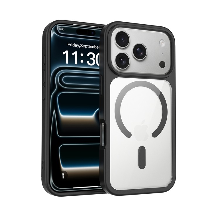 Husa de protectie pentru iPhone 18 Pro Max, Omelivon, Spate Transparent, cu functie MagSafe, Antisoc, Protectie La Camera si Colturi, din Material TPU+PU, Negru