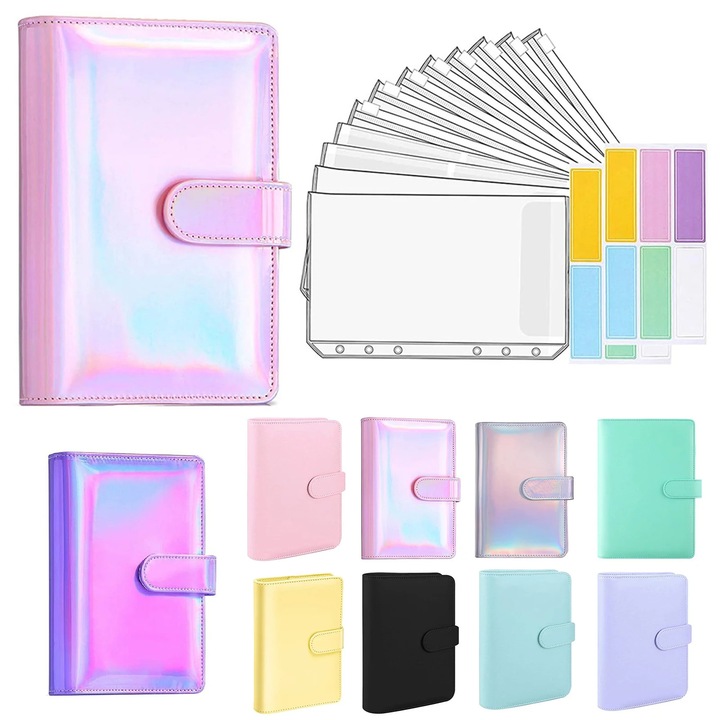 Binder pentru economii ZYBLSSBB LSM2xh1303-BCS0343277-2, A6, PVC si piele ecologica, capac impermeabil, buzunare ascunse, 8 huse zip si 2 plicuri PVC, roz holografic, 19 x 13 x 4 cm