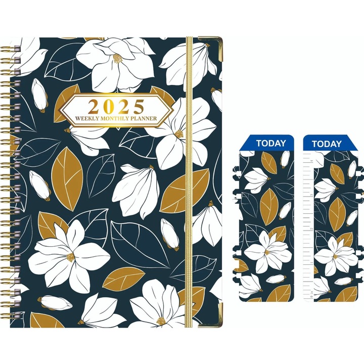 Agenda 2025 ZYBLSSBB 2025 Weekly Monthly Planner LSM2xh1864-BCS0359915-1, A5, saptamanal si lunar, cu divizoare si file etichetate, spirala dubla lay-flat, buzunar interior, 2 semne de carte, bleumarin/auriu