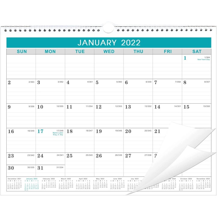 Calendar de perete ZYBLSSBB LSM2xh1027-BCS0331462, calendar lunar 12 luni (ianuarie 2022–iunie 2023), hartie groasa, spiralat cu orificiu pentru agatat, pentru birou si perete, alb/turcoaz