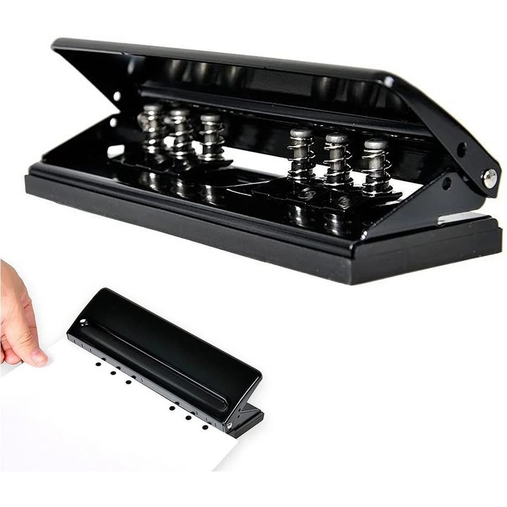 Perforator 6 gauri ZYBLSSBB LSM2xh1012-BCS0331155, reglabil 19–70 mm, diametru gauri 6 mm, capacitate 6 foi, compatibil Filofax, negru