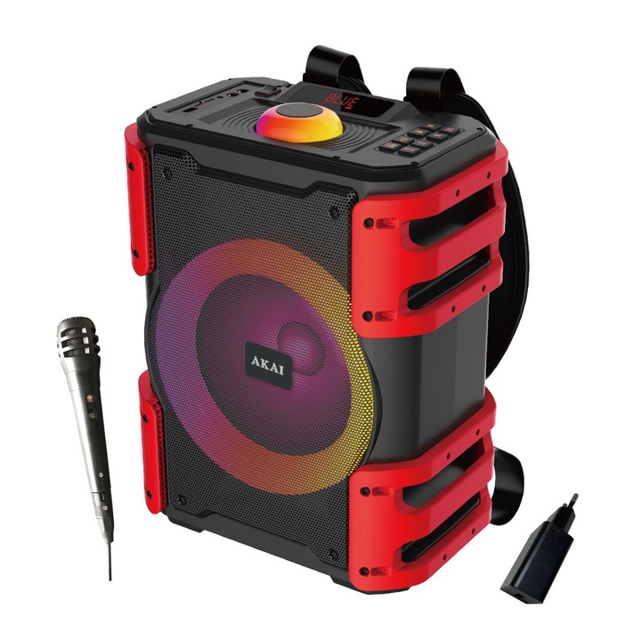 Boxa portabila Bluetooth Akai ABTS-V25 2.0, 30W, Bluetooth, USB, jack 3,5 mm, cititor de card, microfon inclus, RGB, negru/rosu