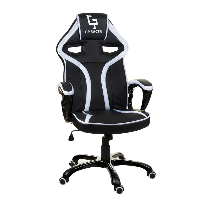 Scaun gaming Giosedio GP Racer din piele sintetica, Alb/Negru