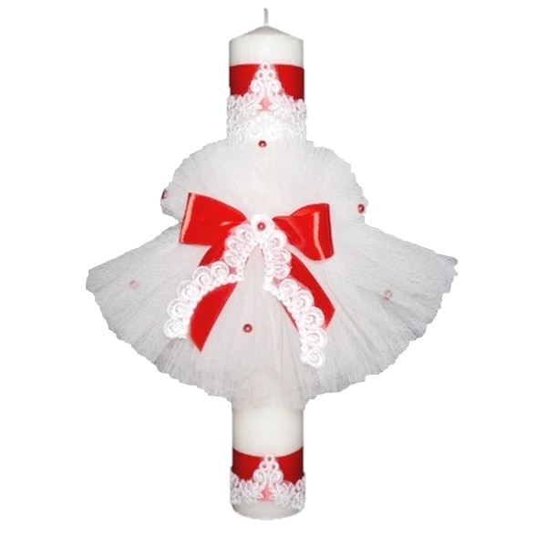 Lumanare stalp pentru botez bebelusi, eleganta, Little angel, alb-rosu