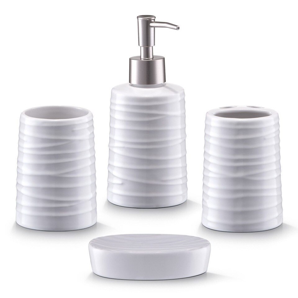 Set accesorii de baie Zeller, ceramica, 4 piese, Alb/Argintiu