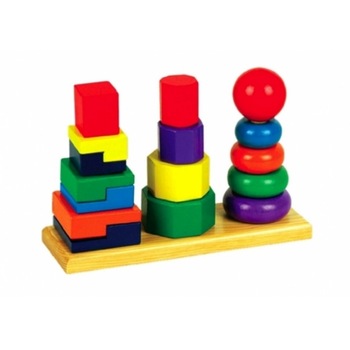 Joc Montessori de stivuit din lemn -Piramida 3 in 1 Joc Montessori de stivuit din lemn -Piramida 3 in 1