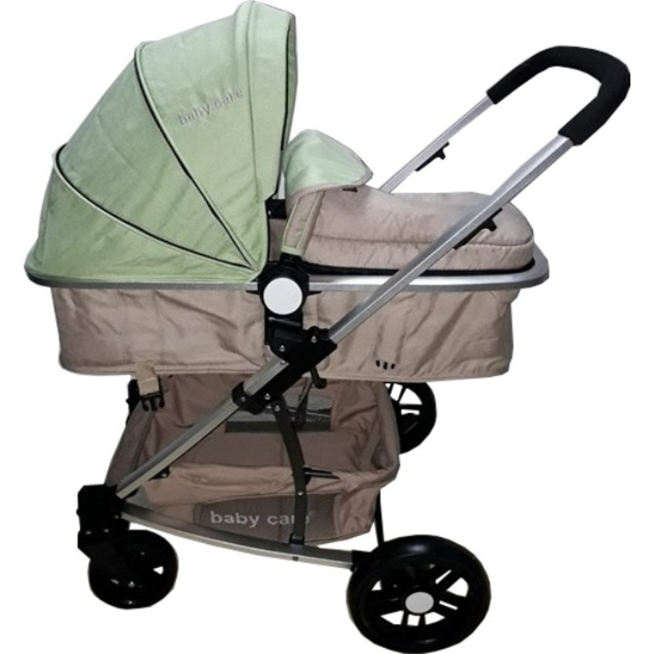 Количка за новородено 2 в 1 Baby Care™ PRO YK-18, алуминиева рамка, 3-степенна регулируема облегалка, шамфъстък зелено и кафяво