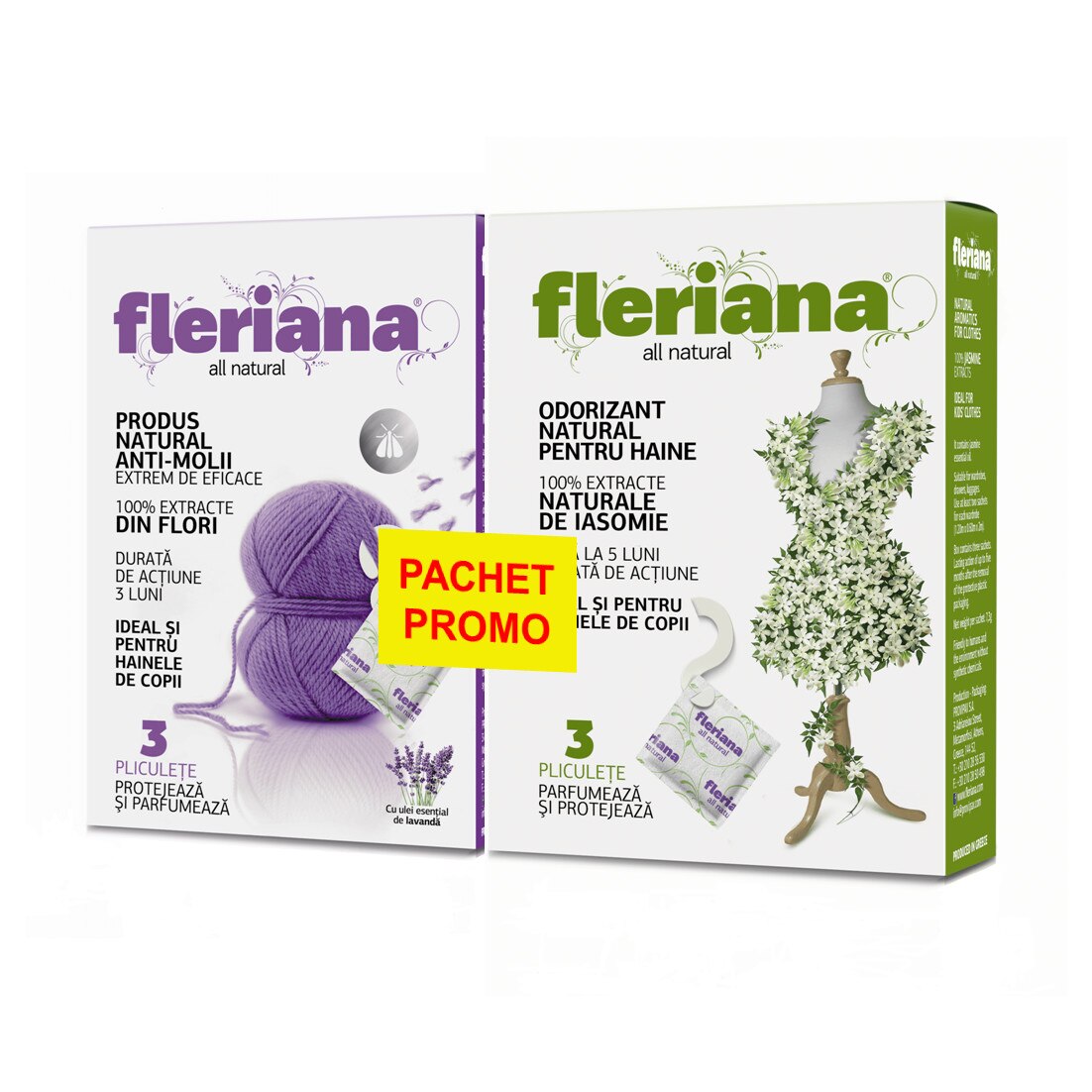 Pachet Promo FLERIANA Produs Natural Anti-molii pentru Haine, 3 buc+Odorizant natural pentru haine Lavanda, 3 buc