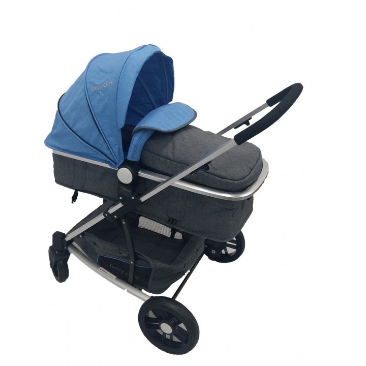 Количка за новородено 2 в 1 Baby Care™ PRO YK-18, алуминиева рамка, количка, регулируема облегалка в 3 степени, сини и сиви дънки