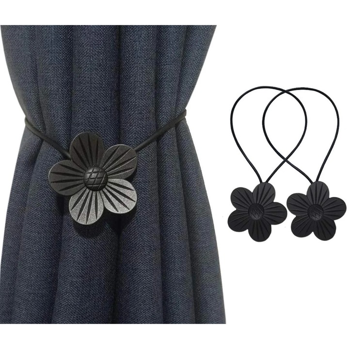 Suport magnetic pentru perdele ZYBLSSBB LSM2xh6328-BCS0334136, floare vintage din aliaj cu snur din piele artificiala, negru, set 2, diametru floare 6 cm, lungime snur 40 cm