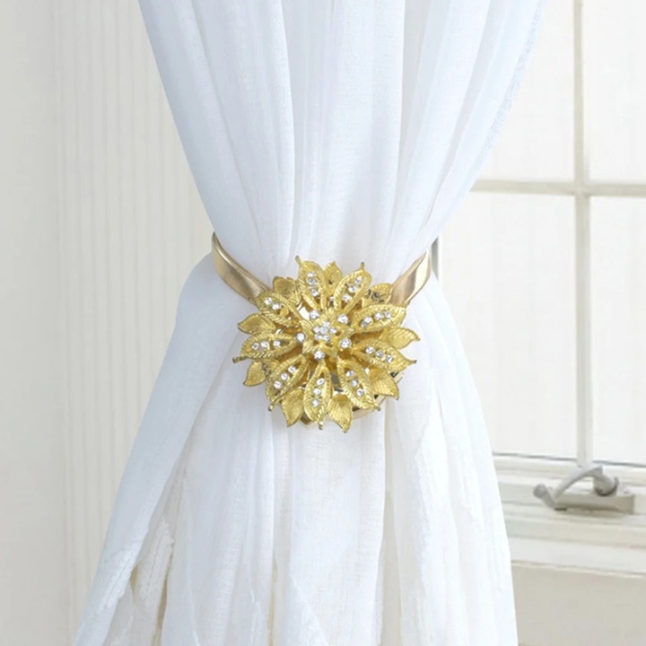Suport magnetic pentru draperii ZYBLSSBB LSM2xh7440-BCS0344918, floare metalica cu cristale (rhinestone), auriu, 34 cm, diametru floare 7 cm, 1 buc