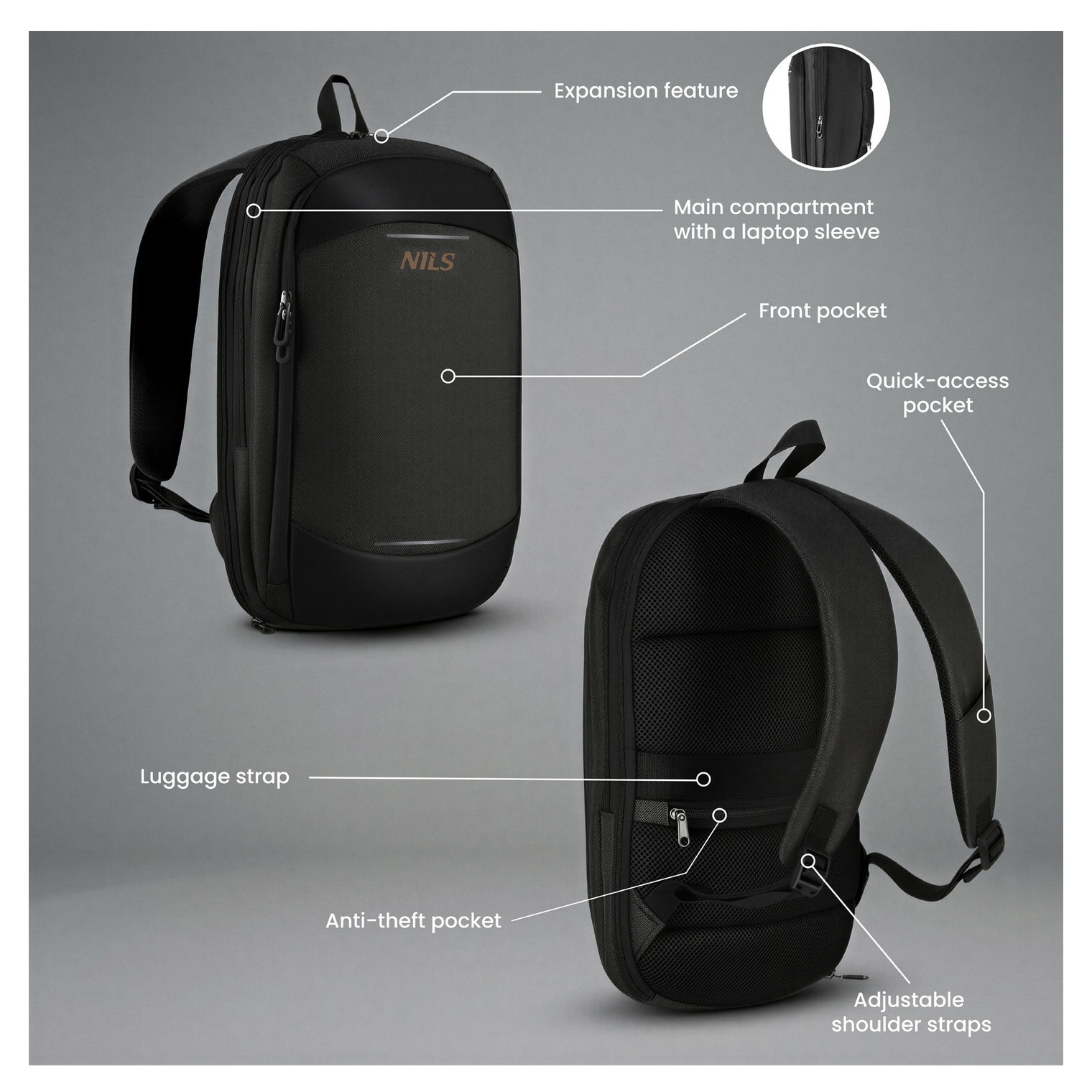 NILS, rucsac pentru laptop din nylon 1680D cu capacitate 19 l, compartiment extensibil +9 cm, buzunar antifurt, curea de fixare pe valiza, model NC4504, gri, 44×29×15 cm