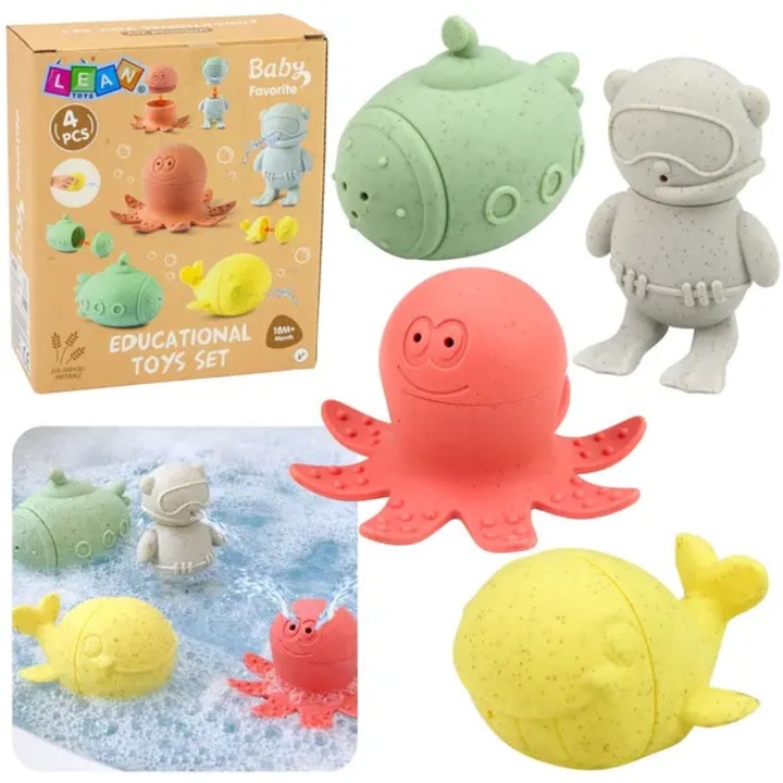 4 részes fürdőjáték készlet CN-k0504-260819-1822, puha gumiból, szétszedhető, vízsugaras, többszínű, doboz 16,5 x 14 x 6 cm