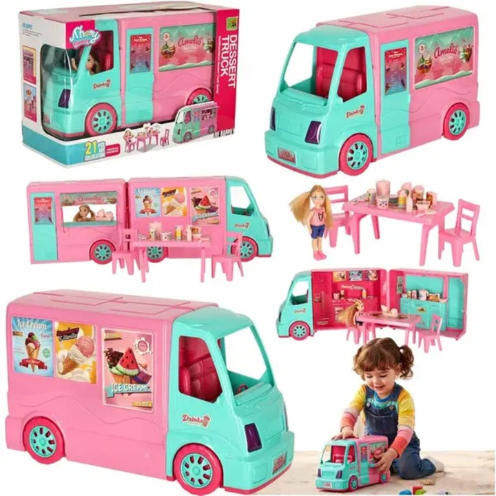 Masina de jucarie 2-in-1 food truck/camper CN-k0504-260819-1308, set 21 piese cu papusa si mobilier, roz/turcoaz, 38×21×14,5 cm, ABS, 3+