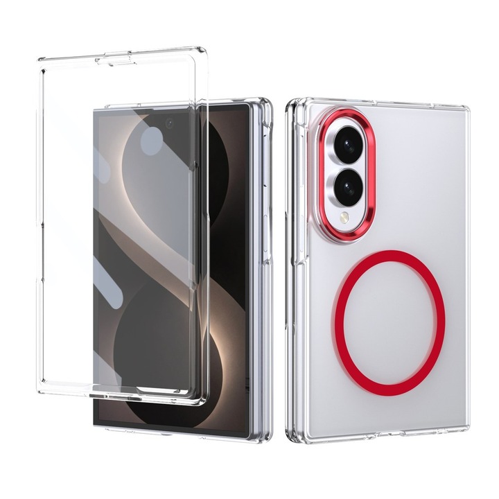 Prémium tok Samsung Galaxy Z Fold8 / Z Fold 8 készülékhez, IceMag 360°, MagSafe kompatibilis, Teljes védelem képernyőfóliával, Ultra-átlátszó, Ütésálló, Átlátszó-Piros