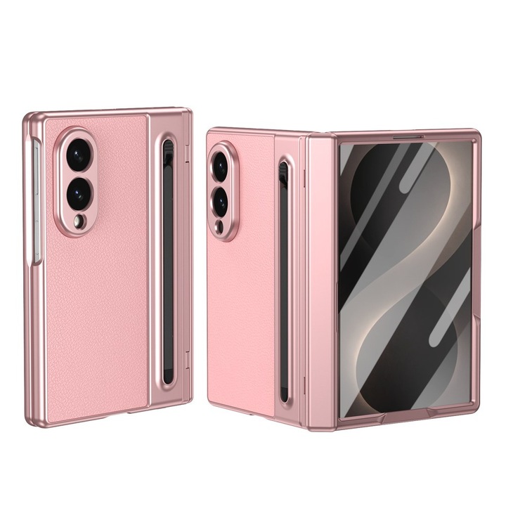 Business tok Samsung Galaxy Z Fold8 / Fold 8 készülékhez, Eco bőr textúra, 360°-os zsanérvédelem, Stylus mellékelve dedikált slottal, Előlapi üvegfólia, Ujjlenyomatmentes, Pink Leather